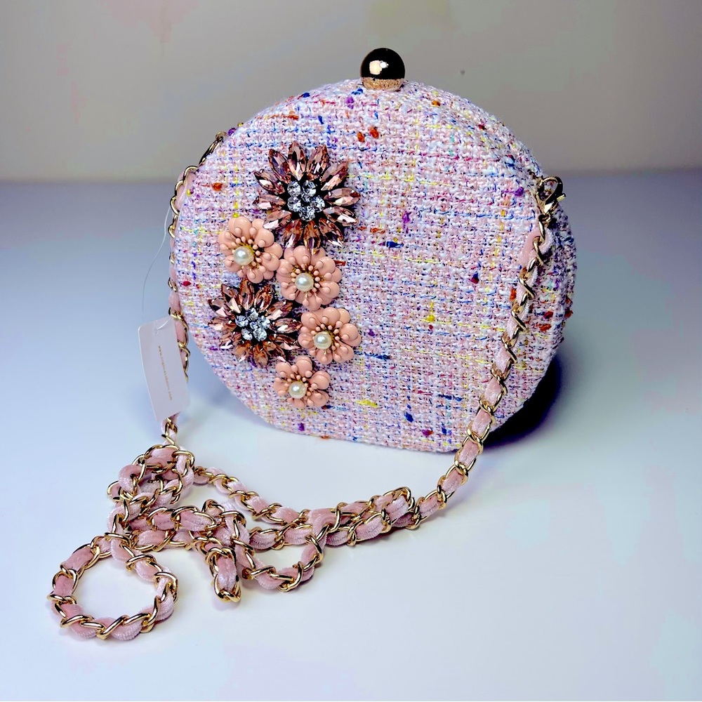 Cristina Sabatini Pink Daisy Crossbody Tweed Wool Handbag Chain Designer NEW